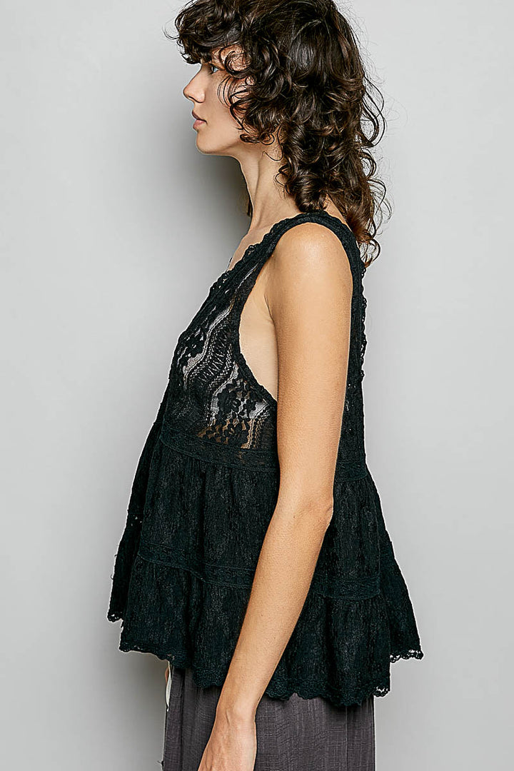 Black Pol Deep V Neck Scalloped Lace Sleeveless Top