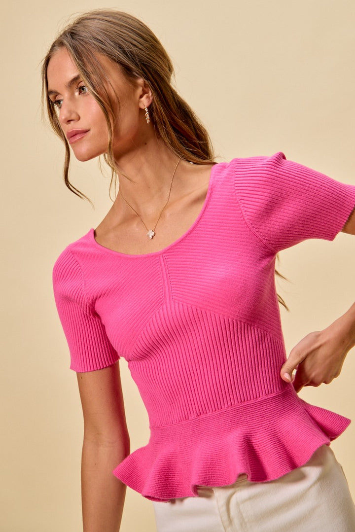 So Me Ribbed Knit Short Sleeves Peplum Sweater Top