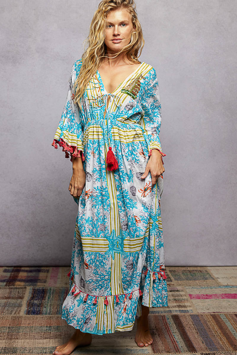 Ivory/Blue Multi Pol Bohemian Print Tassel Trim Maxi Dress
