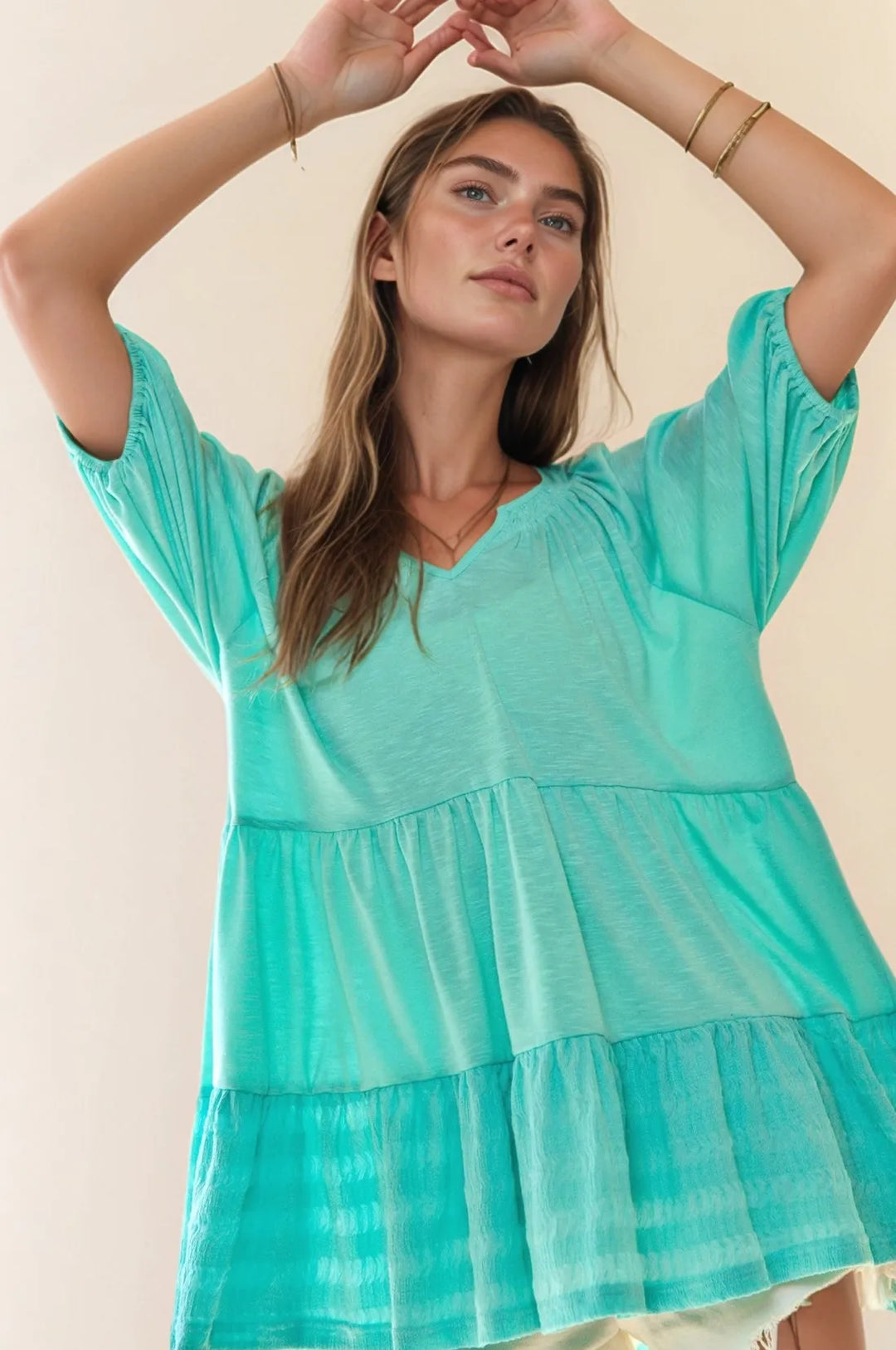 Davi Dani Solid Ruffled Flared Short Sleeve V Neck Top