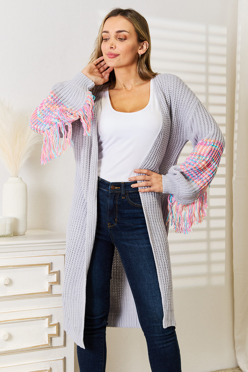 Cloudy Blue Woven Right Fringe Sleeve Dropped Shoulder Cardigan