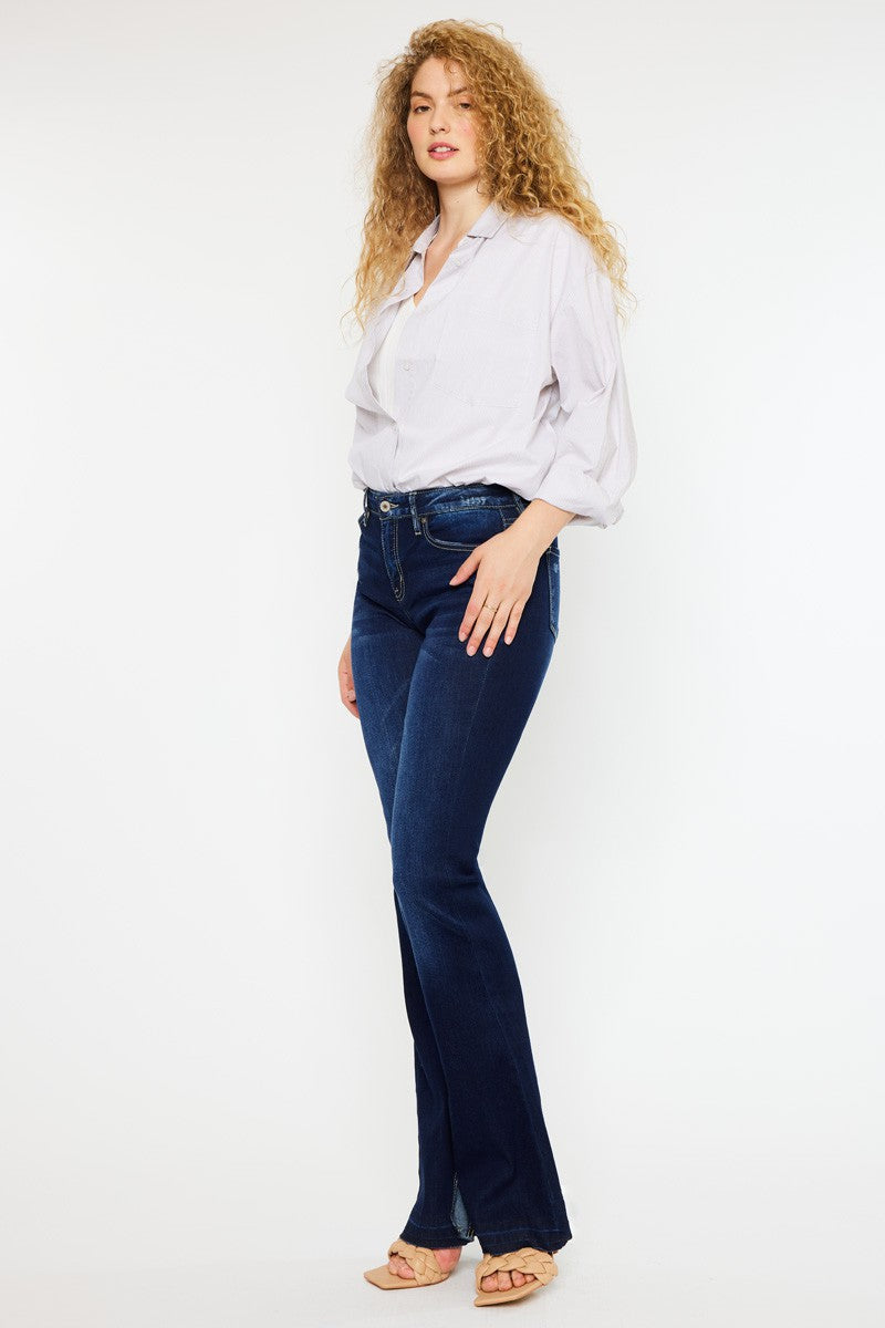 Blue Mid Rise Hem Detail Flare