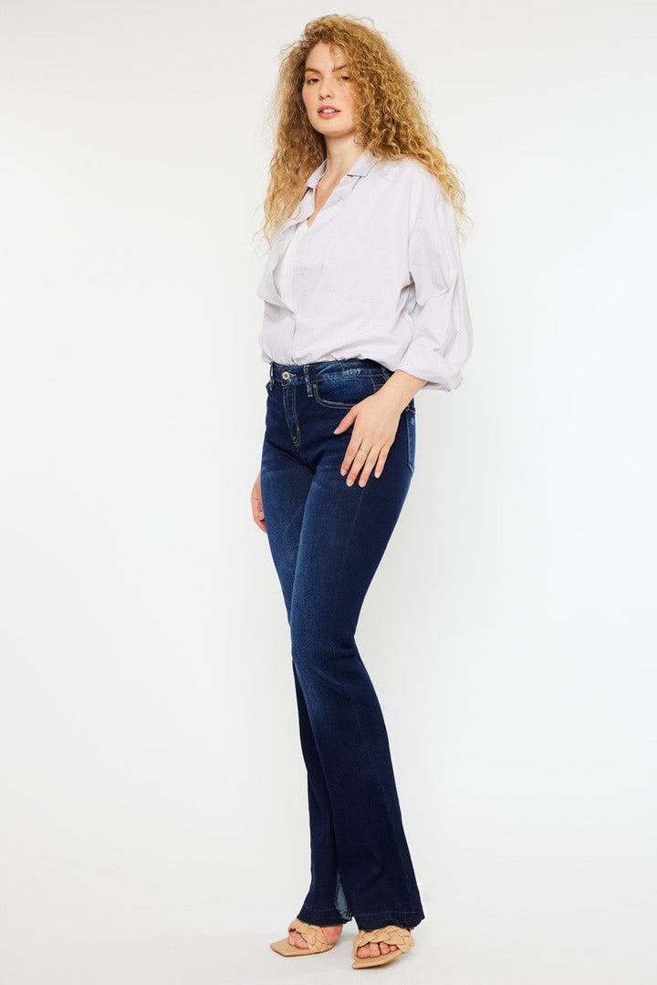 Blue Mid Rise Hem Detail Flare
