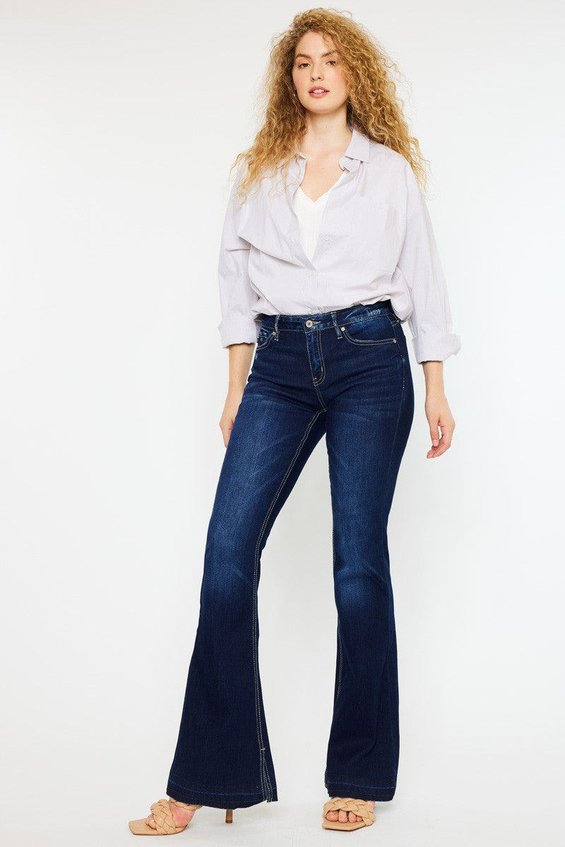 Blue Mid Rise Hem Detail Flare
