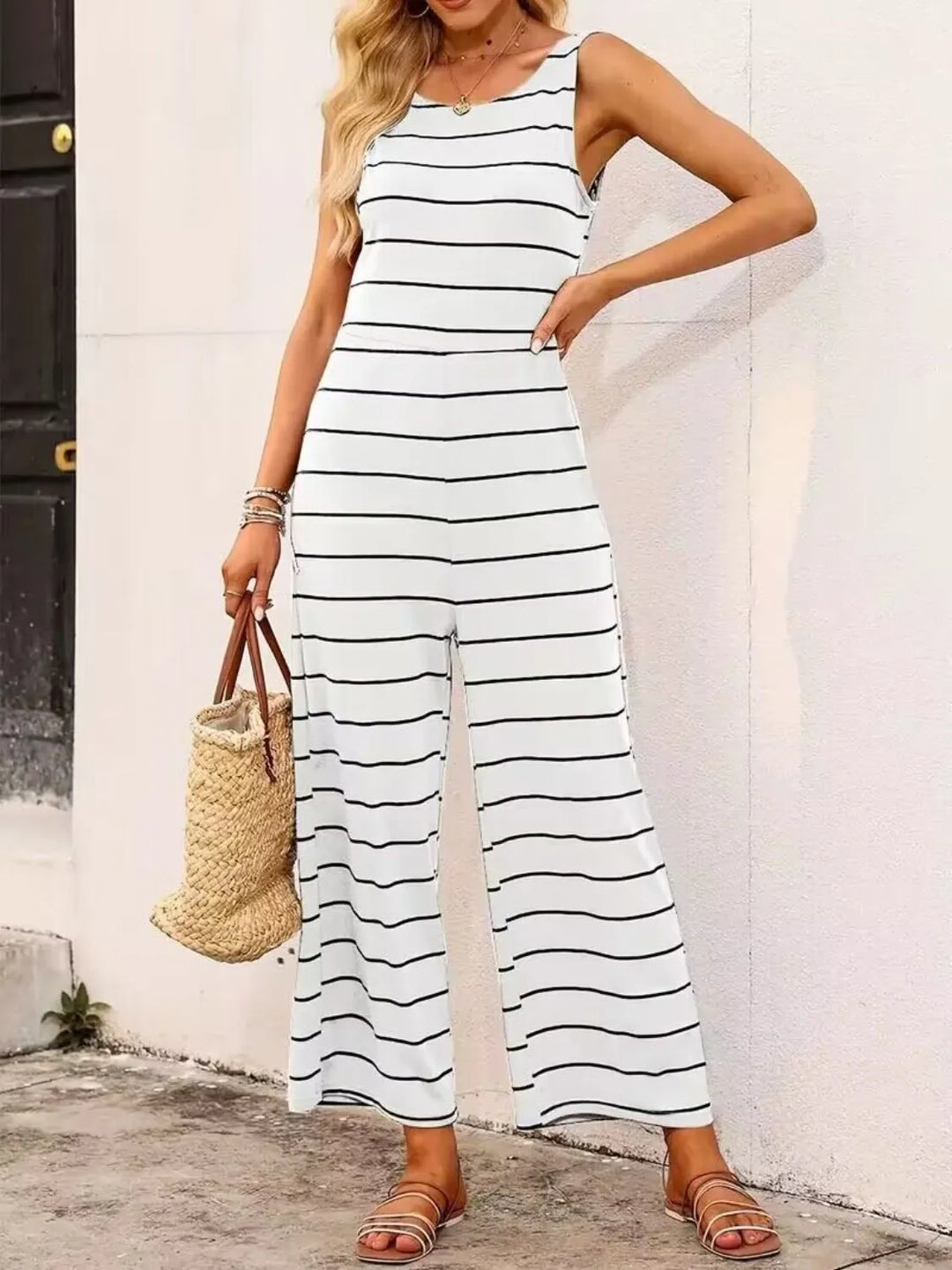 White Striped Round Neck Wide Leg Jumpsuit