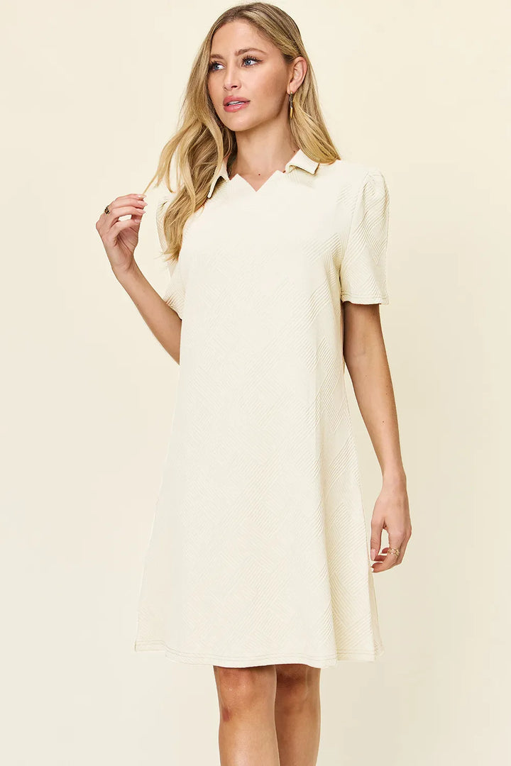 White Double Take Full Size Texture Collared Neck Short Sleeve Dress