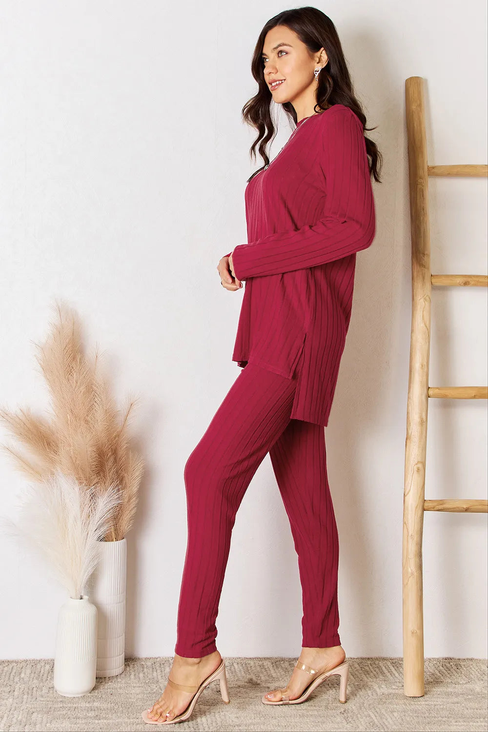 Deep Red Basic Bae Full Size Ribbed Round Neck High Low Slit Top And Pants Set