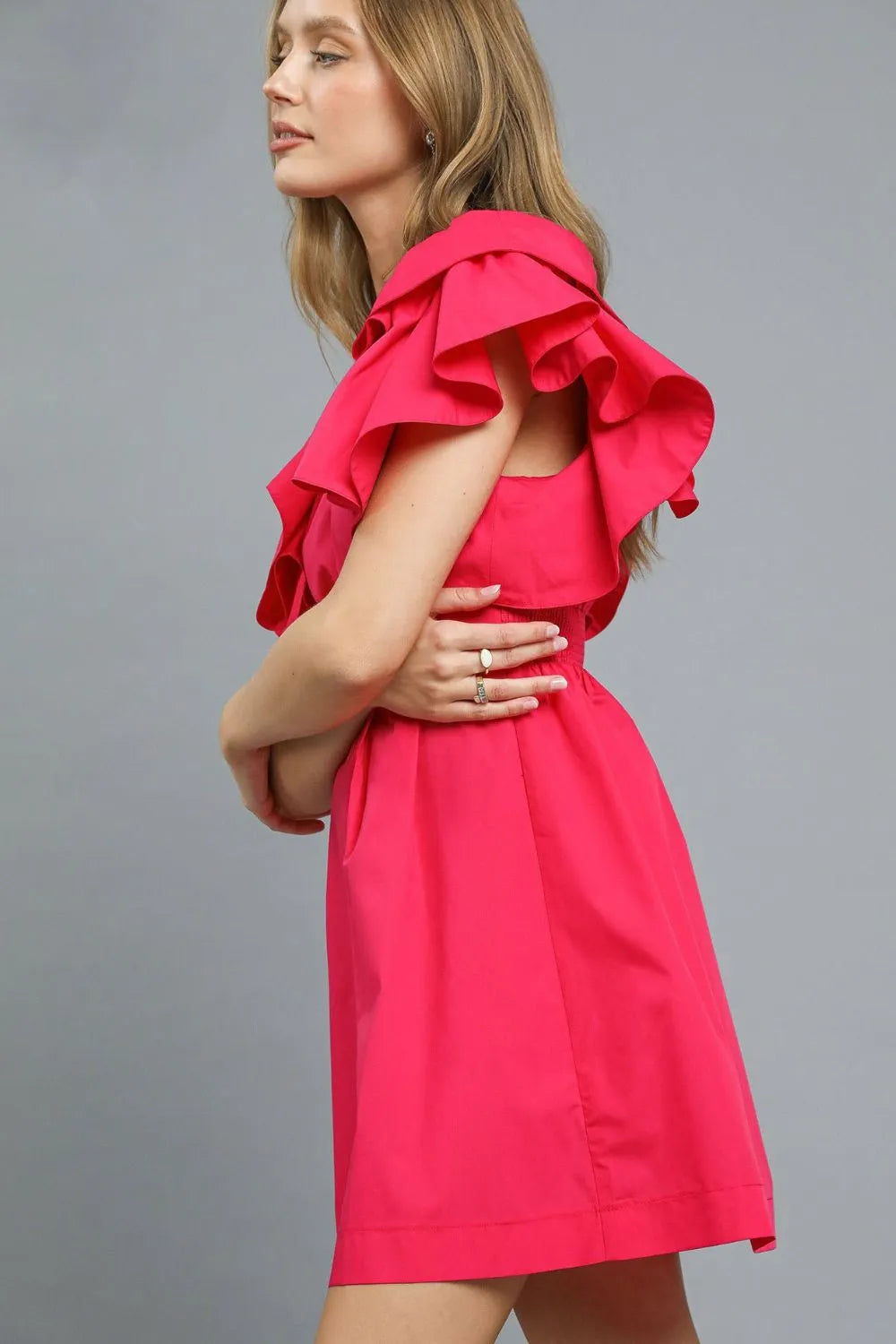 Deep Rose Umgee Double Ruffle Sleeve Fit And Flare Dress 1