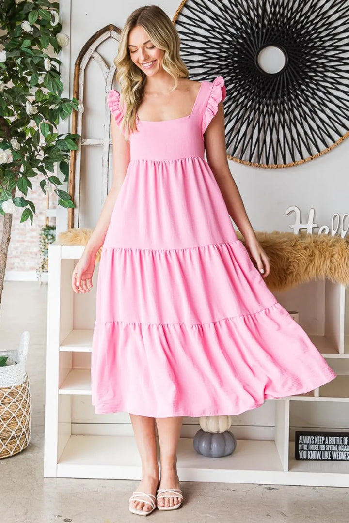 Bubble Pink Reborn J Ruffled Sleeveless Tiered Midi Dress
