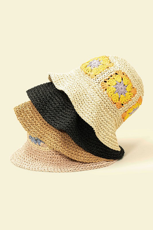 light pink Packable Crochet Granny Square Bucket Hat