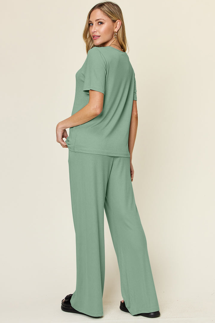 Coral Double Take Full Size Round Neck Short Sleeve T Shirt And Wide Leg Pants Set