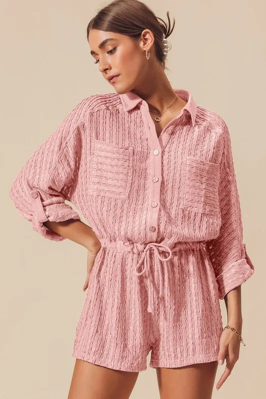 Dusty Pink So Me Textured Knit Button Front Romper