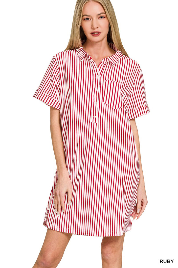 Ruby Zenana Stripe Collared Half Button Up T Shirts Dress