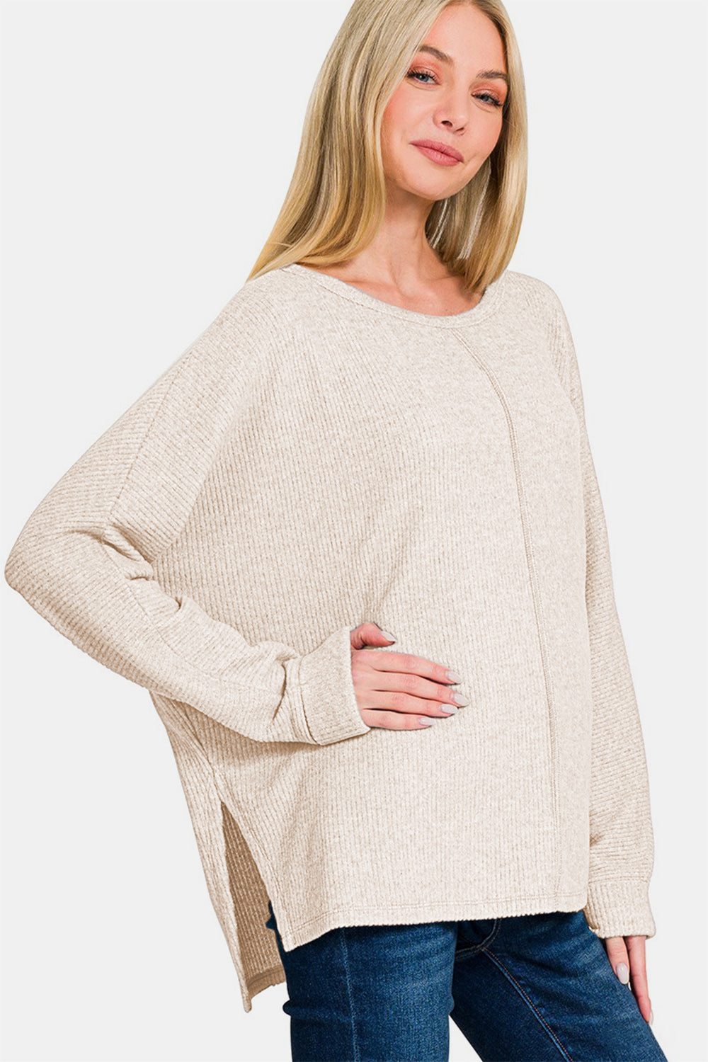 Zenana High Low Side Slit Round Neck T Shirt