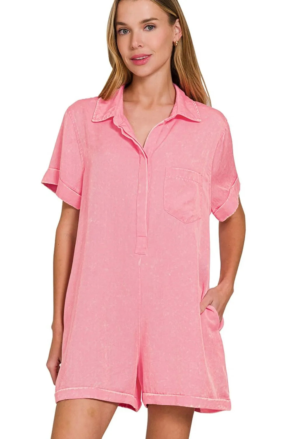 Dk Pink Zenana Tencel Mineral Washed Half Button Shirts Romper