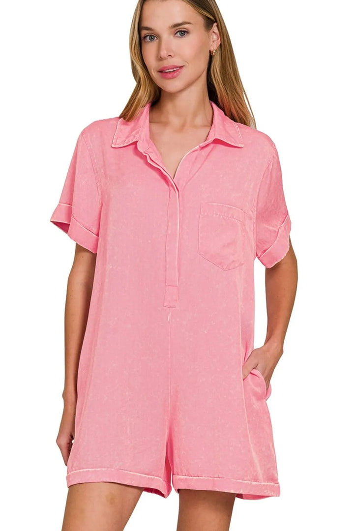 Dk Pink Zenana Tencel Mineral Washed Half Button Shirts Romper