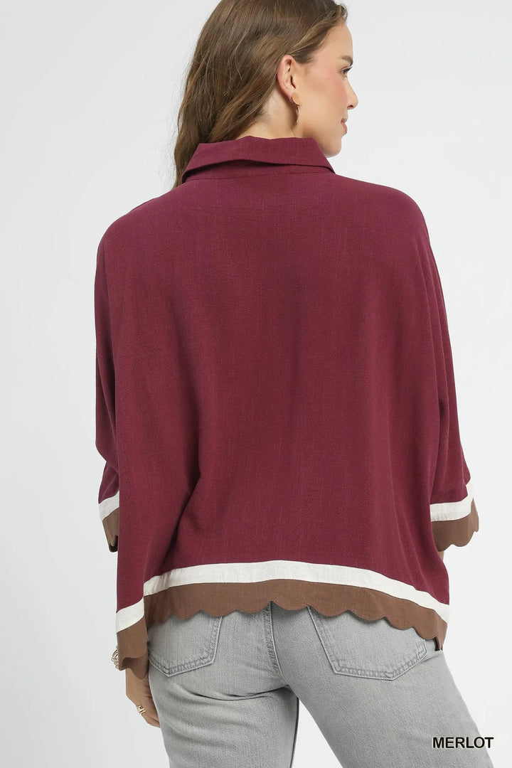 Merlot Umgee Colorblock Button Down Shirt With Scallop Hem