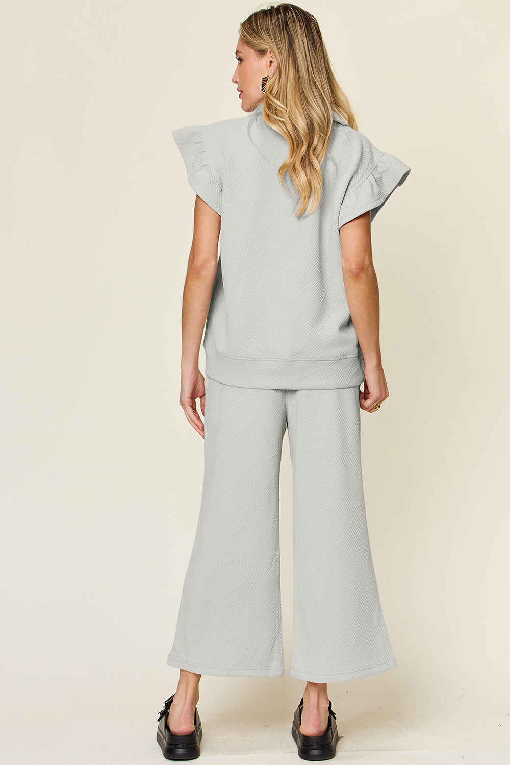 Light Gray Double Take Texture Ruffle Short Sleeve Top And Drawstring Wide Leg Pants Set