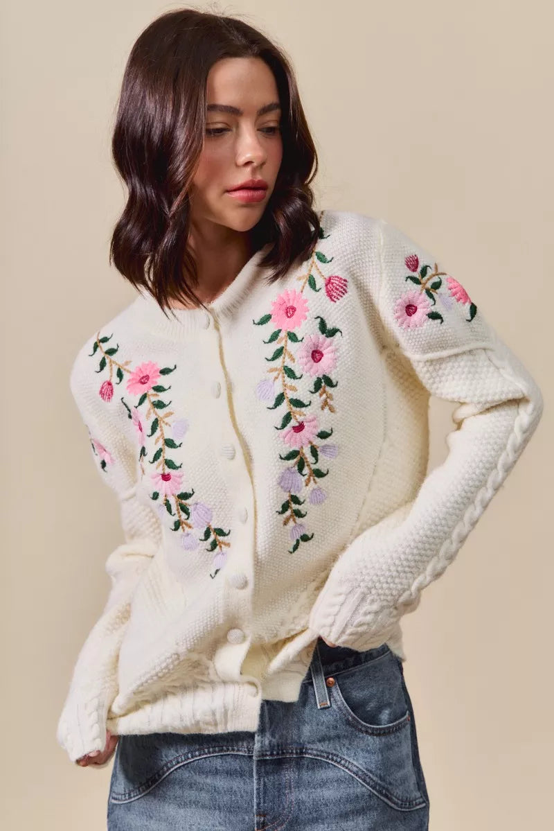 Ivory So Me Floral Embroidered Coquette Sweater Cardigan