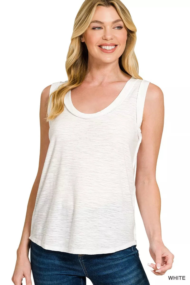 White Zenana Slub Raw Edge Detail Tank Top