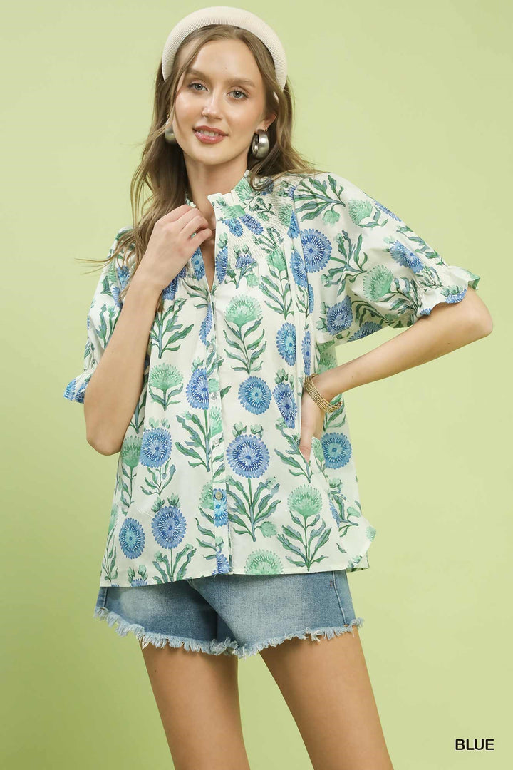 Blue Umgee Floral Button Front Short Sleeve Top 1