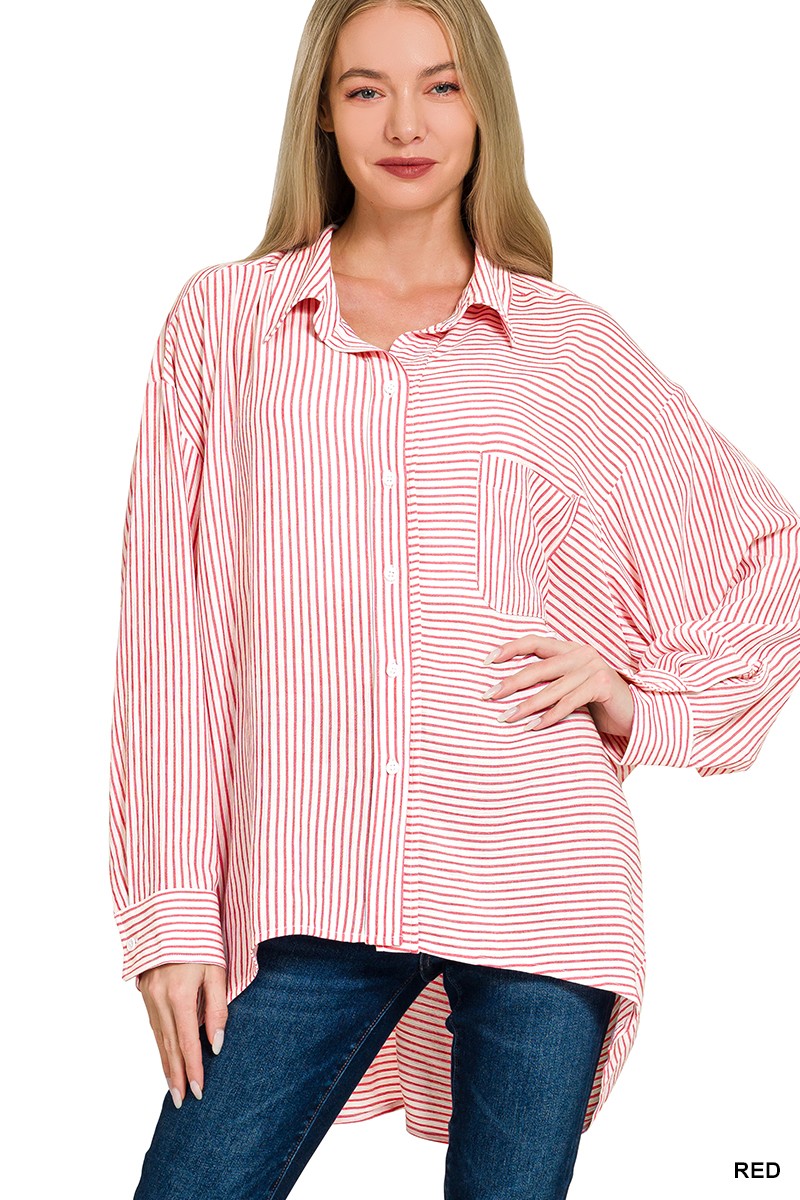 Red Zenana Woven Stripe Button Down Shirt 2