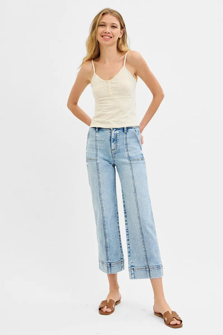 Light Risen Full Size High Rise Crop Wide Front Seam Detailed Jeans Plus Size