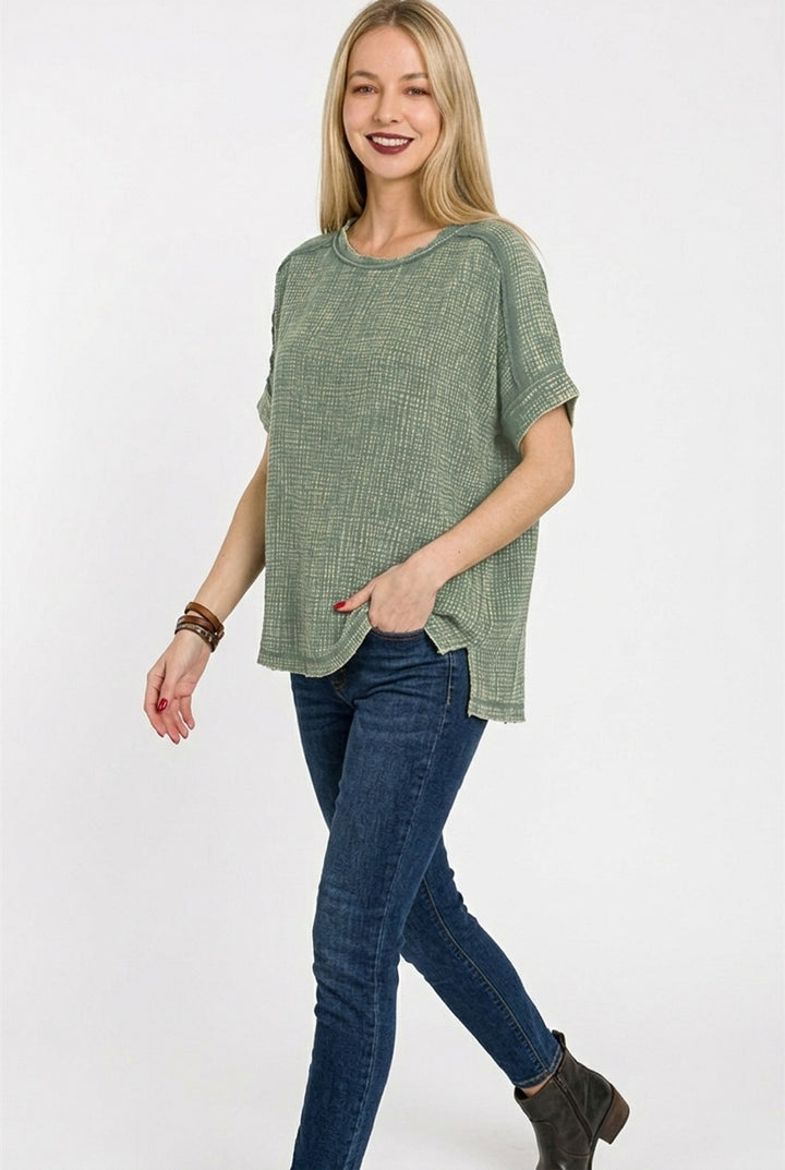 Ash Jade Zenana Acid Washed Double Gauze Round Neck Tee