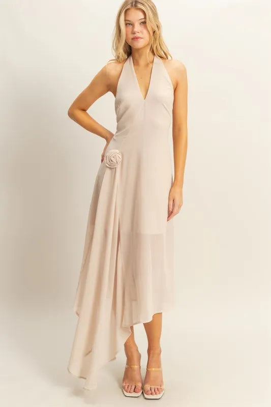 Champagne Hyfve Chiffon Halter Asymmetrical Hem Dress 1