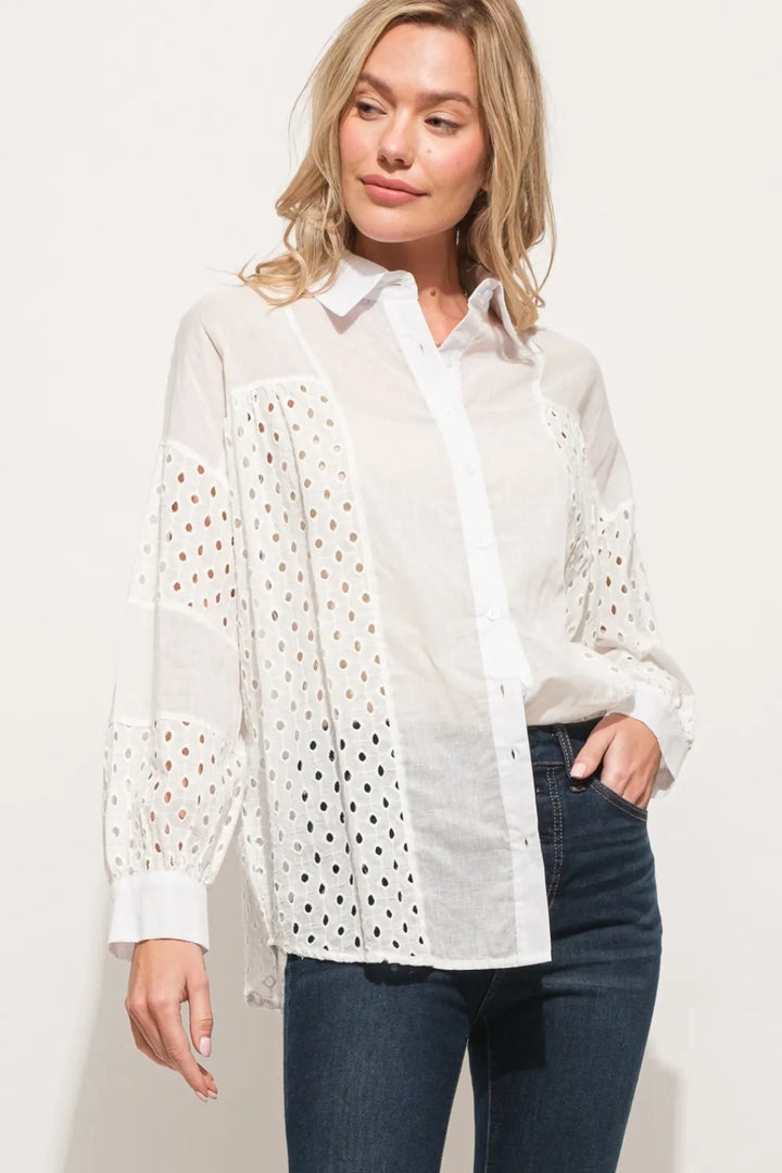 White And The Why Eyelet Long Sleeve Button Down Shirt