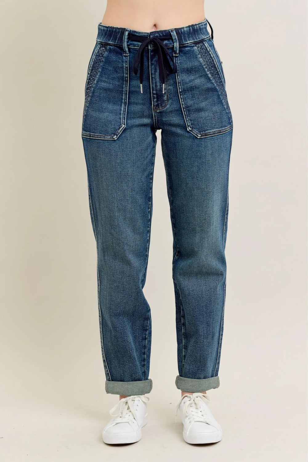 Dark Judy Blue Full Size Hw Vintage Wash Jeans W Drawstring Plus Size