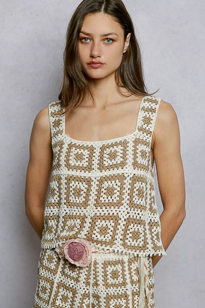 Ivory/Mocha Pol Openwork Square Neck Cropped Crochet Tank With Granny Square Weave