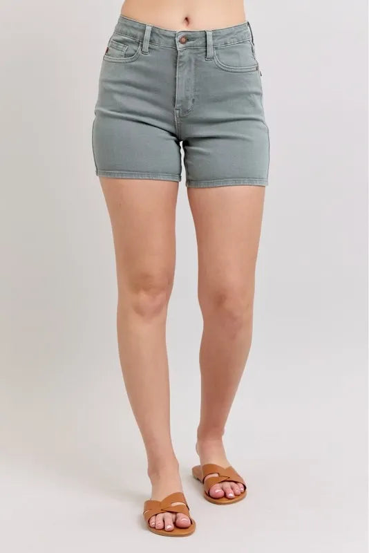 Stone Blue Judy Blue Full Size Hw Garment Dyed Back Pkt Embroidery Shorts Plus Size