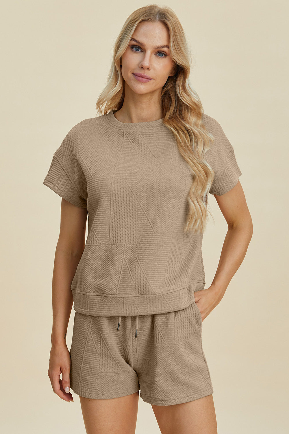 Khaki Double Take Full Size Texture Short Sleeve Top And Shorts Set