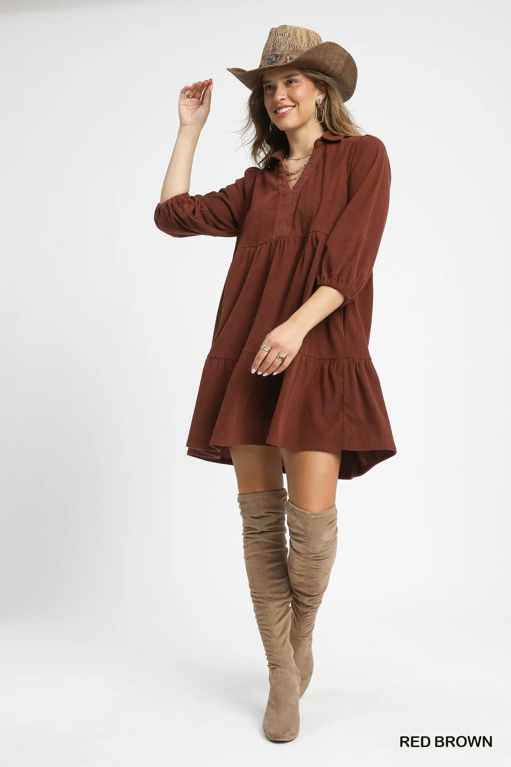 Red Brown Umgee Tiered Corduroy Mini Dress With Balloon Sleeves