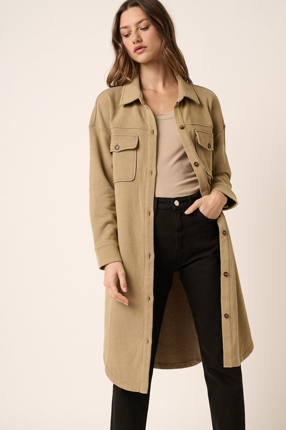 Taupe Mittoshop Acid Wash French Terry Longline Shacket