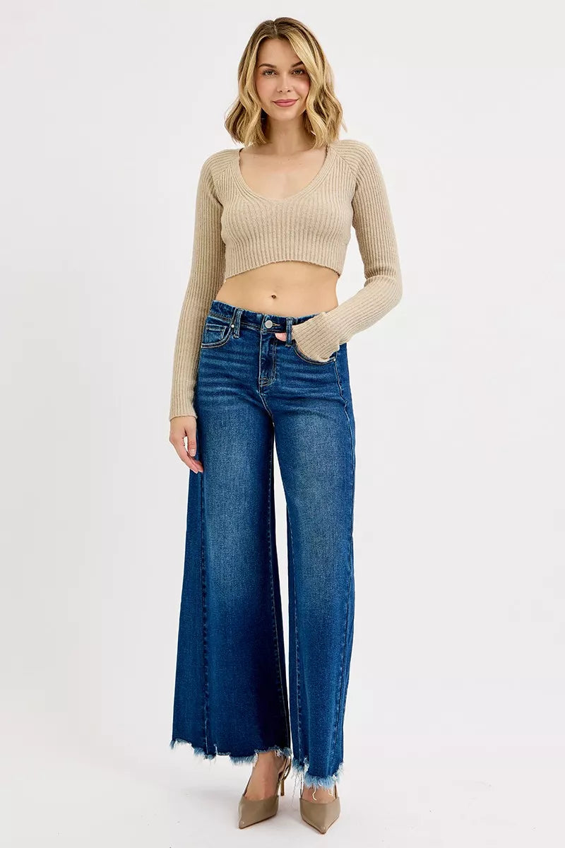 Dark Risen Full Size High Rise Ankle Wide Jeans Plus Size