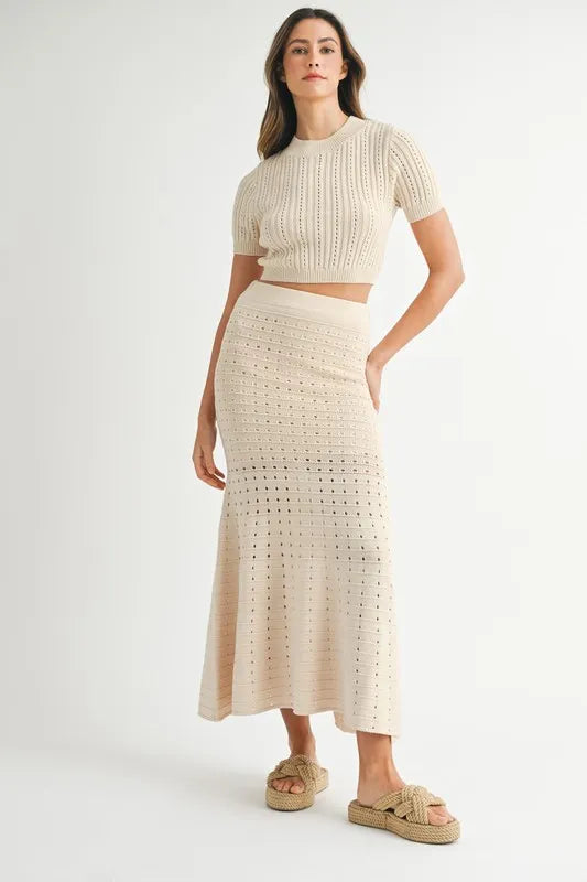 Cream Mable Pointelle Short Sleeve Crop Top And Slit Skirt Sweater Set 2