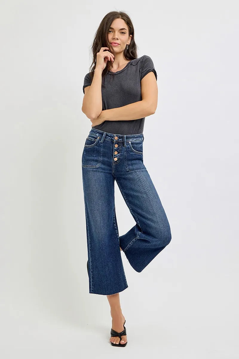 Dark Risen Full Size High Rise Crop Wide Button Up Jeans Plus Size