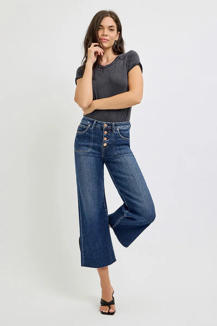 Dark Risen Full Size High Rise Crop Wide Button Up Jeans Plus Size