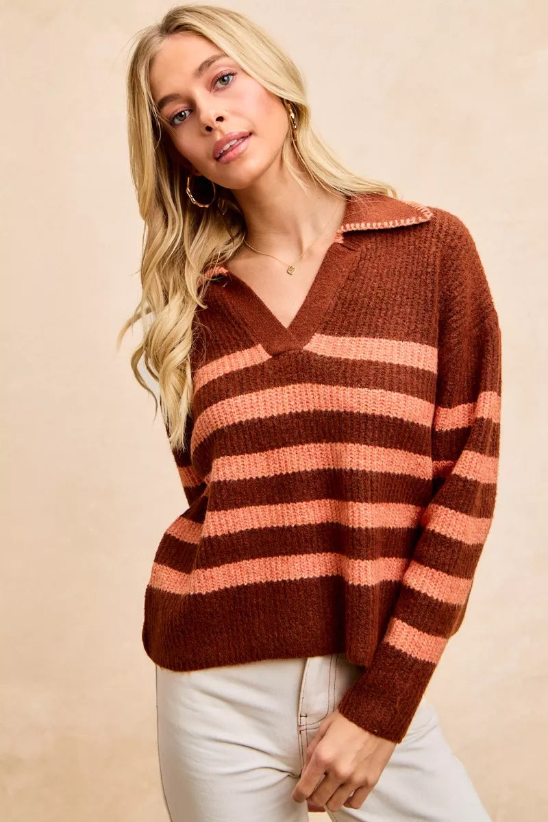 Bibi Striped Sweater Top With Collar Stitched Details