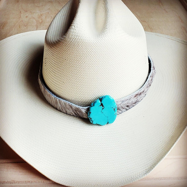 Blue Hair On Hide Leather Hat Band W Turquoise Slab