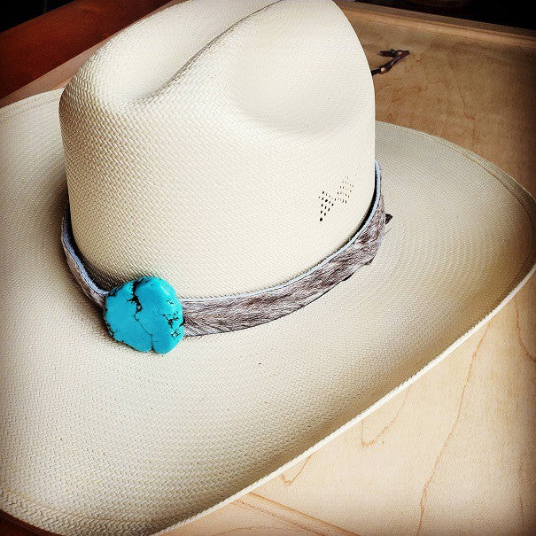 Hair On Hide Leather Hat Band W Turquoise Slab