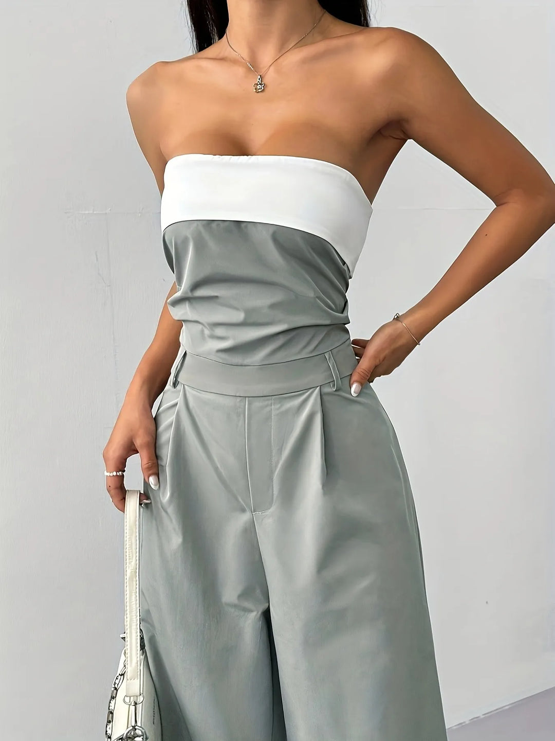 Sage Strapless Color Block Wide Leg Jumpsuit