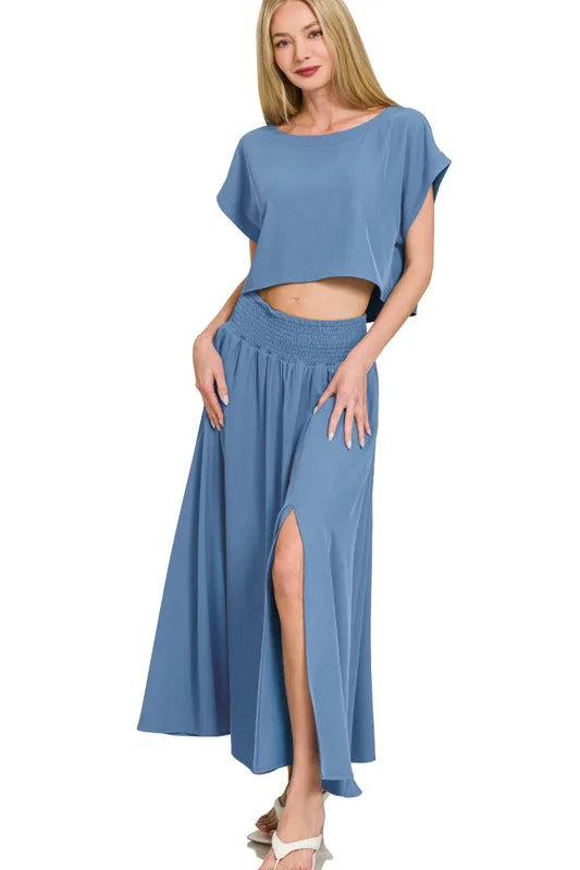 Dusty Blue Zenana Heavy Woven Span Crop Tee Skirt Set 2