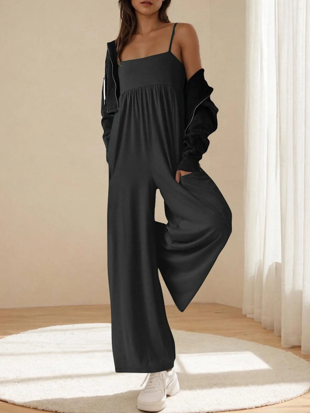 Black Spaghetti Strap Wide Leg Jumpsuit 1