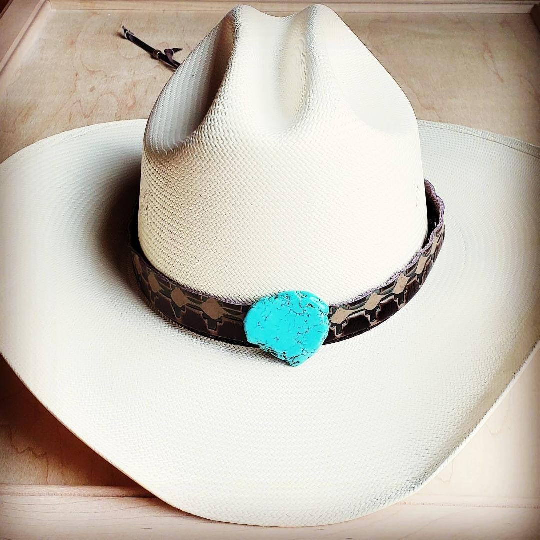Green Navajo Embossed Leather Hat Band W Turquoise Slab