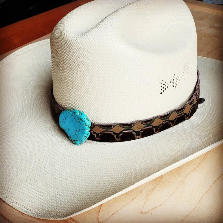 Navajo Embossed Leather Hat Band W Turquoise Slab