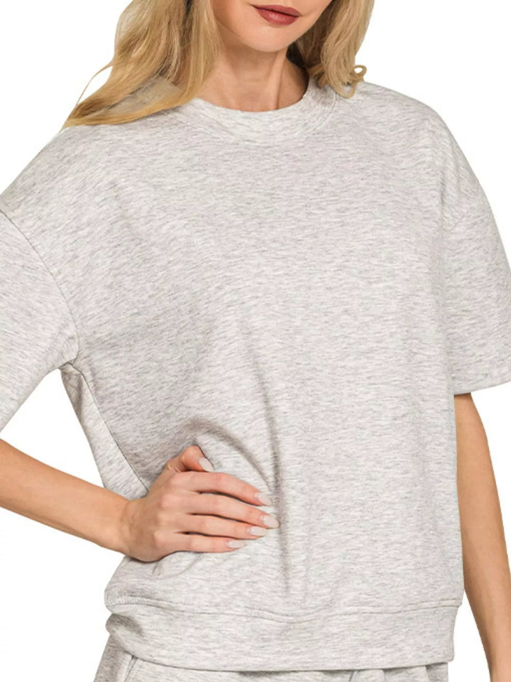 H Grey Zenana Scuba Short Sleeve Top Shorts Set 2