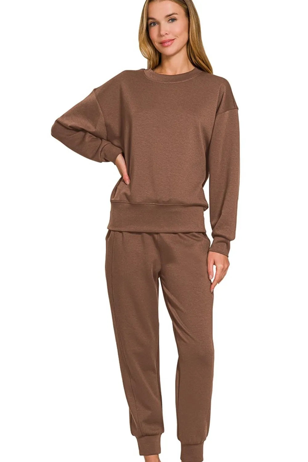 Brown Zenana Scuba Crewneck Pullover Joggers 2 Pieces Set 2